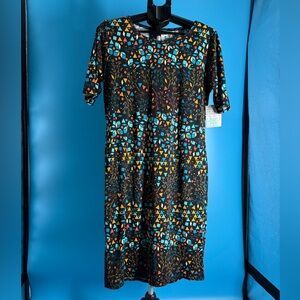 LuLaRoe “Julia” Colorful Dress Dark Blue Stretch Knee Length Comfy Casual NWT